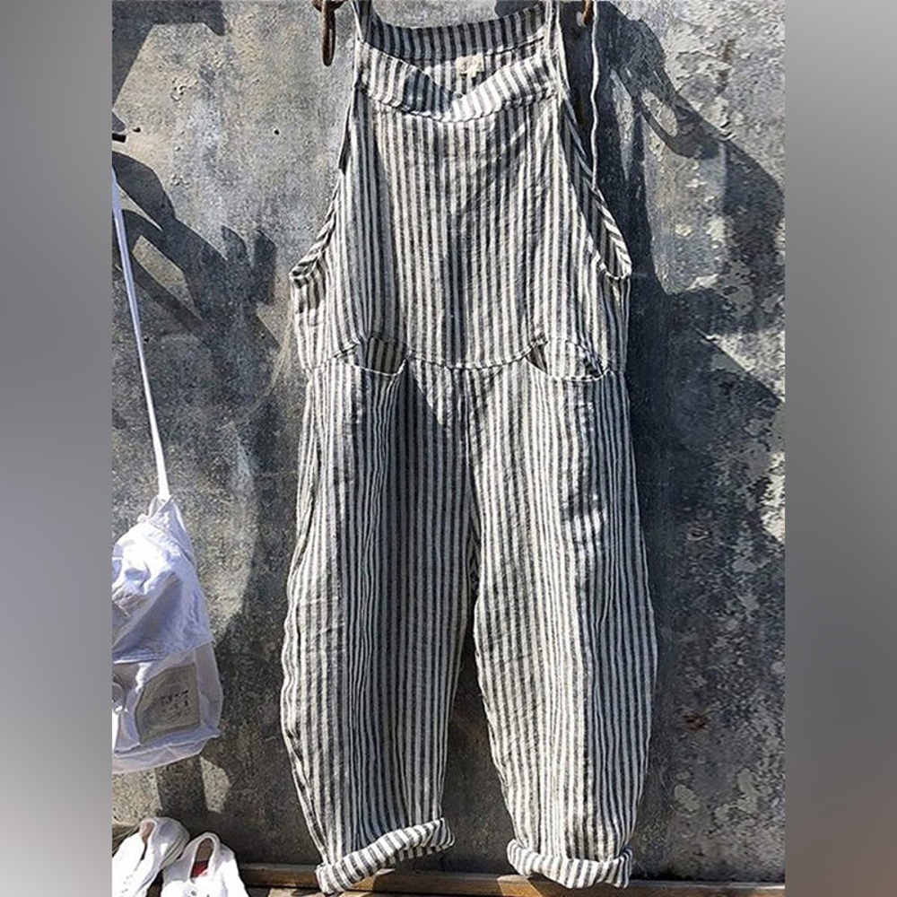 NWOT Madepants slouchy striped wide leg cotton linen Overalls small